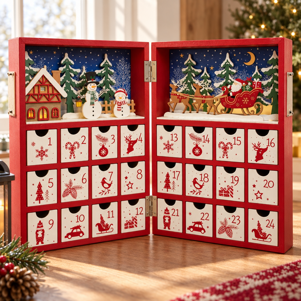 Christmas Cheer All Year 13" battery operated book style advent calendar by kurt adler on fireplace at christmas