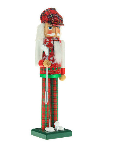 Christmas Cheer All Year Nutcracker figurine dressed in plaid attire with a golf club on a white background
