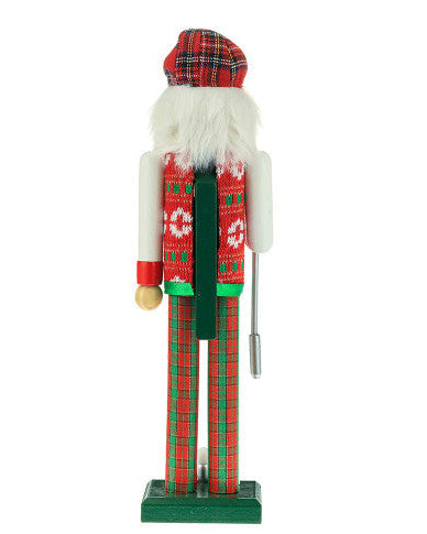 Christmas Cheer All Year 15" Wooden golf dressed to the nines nutcracker figurine wearing a red plaid hat and sweater with white trim
