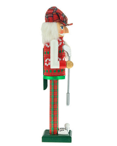 Christmas Cheer All Year Nutcracker figurine dressed in a plaid outfit with a golf club