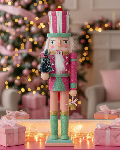 Christmas Cheer All Year 15" pink and green glitter nutcracker soldier