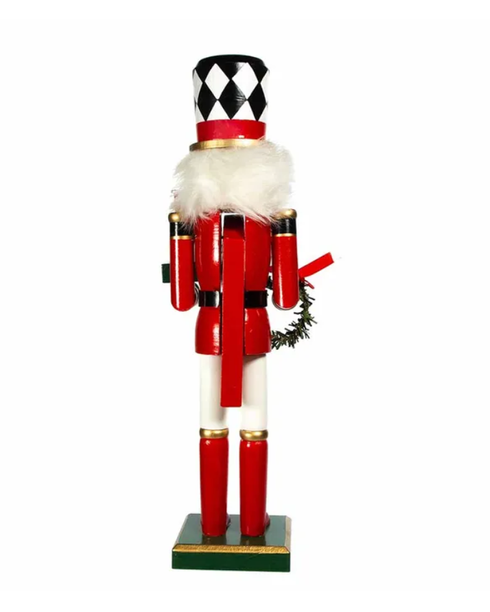 Christmas Cheer All Year 15" black and white harlequin nutcracker soldier with wreath and presents