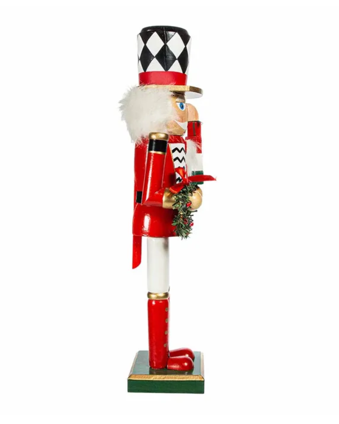 Christmas Cheer All Year 15" black and white harlequin nutcracker soldier with wreath and presents