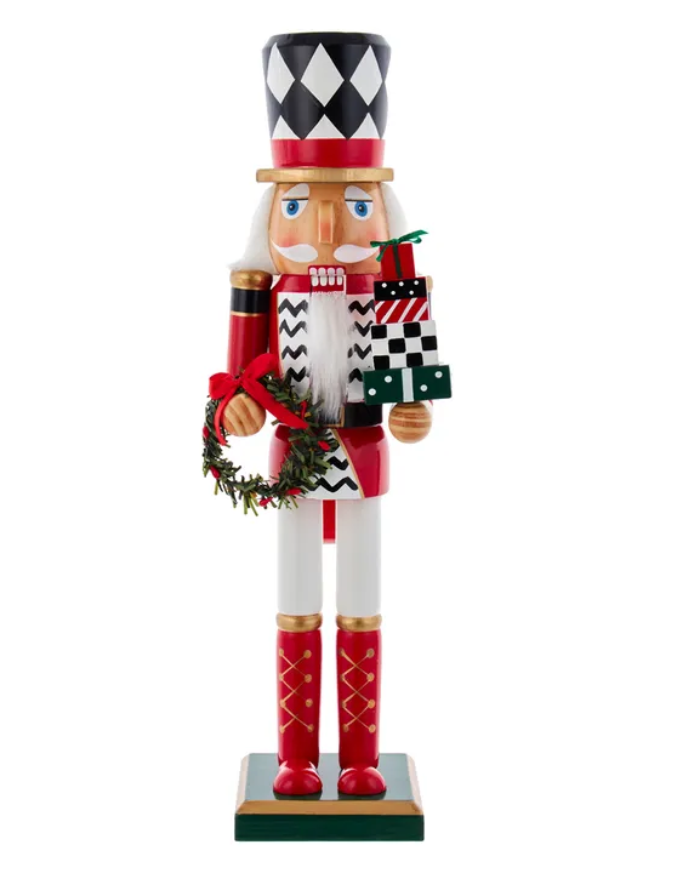 Christmas Cheer All Year 15" black and white harlequin nutcracker soldier with wreath and presents