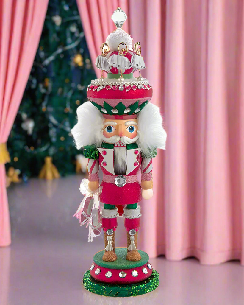 Christmas Cheer All Year 16" Hollywood Nutcrackers™ Ballet Soldier Nutcracker HA0644 in front of ballerina stage curtain with christmas tree in background