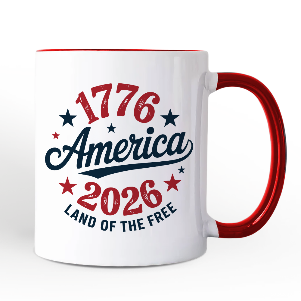 Christmas Cheer All Year USA 250th Anniversary patriotic mug featuring '1776 America 2026' text and Land of the Free