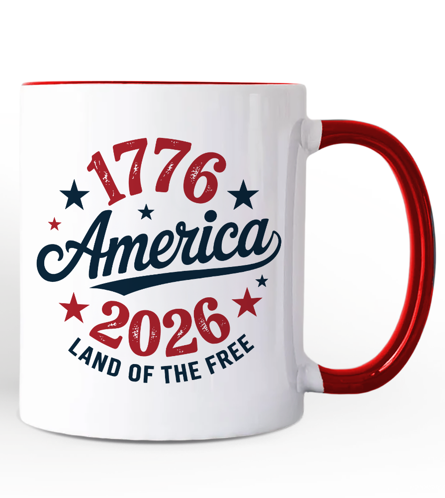 Christmas Cheer All Year USA 250th Anniversary patriotic mug featuring '1776 America 2026' text and Land of the Free