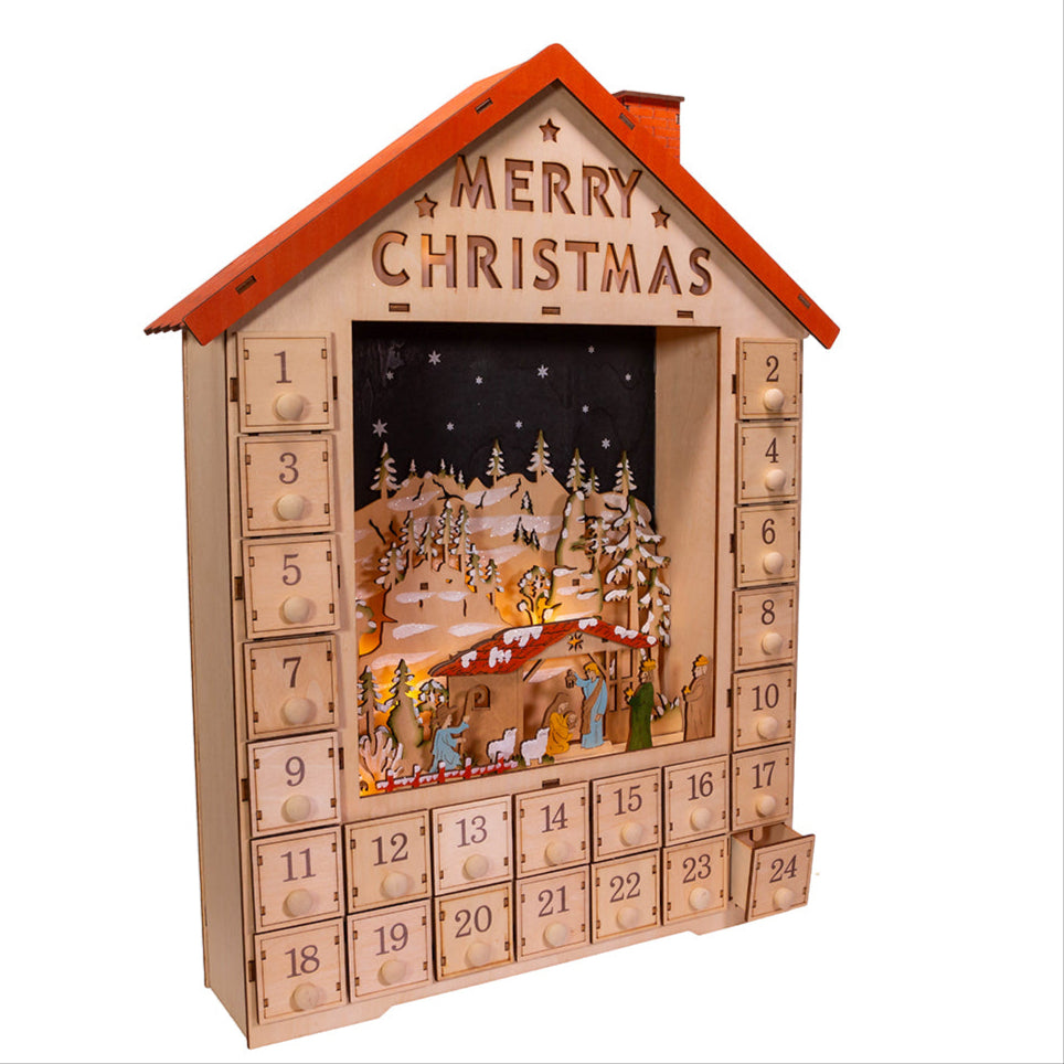 The Canton Christmas Shop 19" Lit Advent Calendar House with Nativity by Kurt Adler angled view