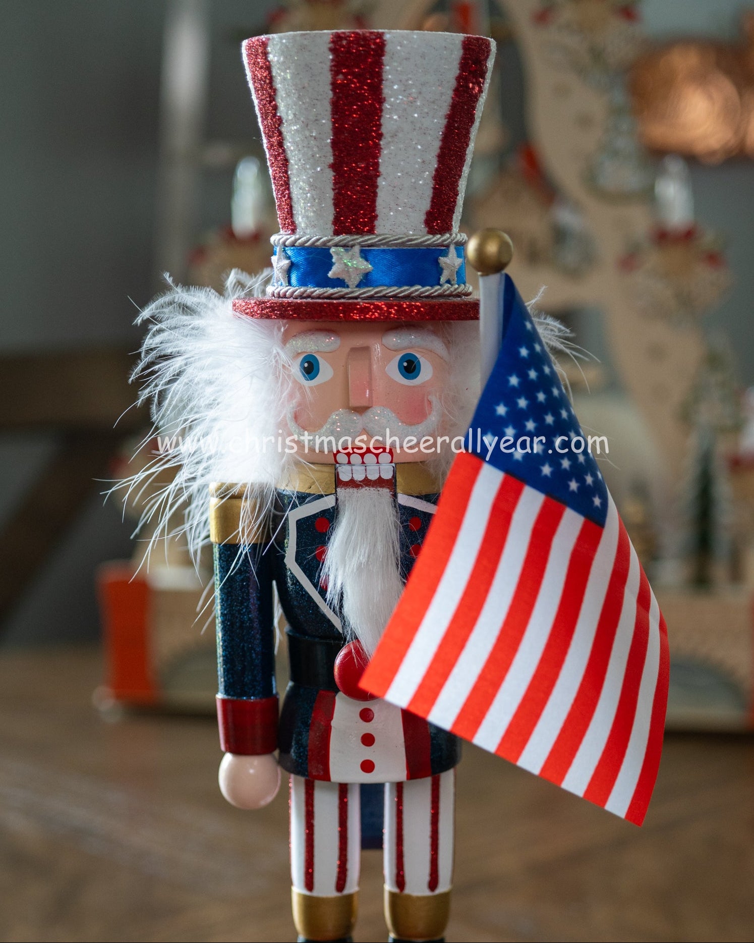 Uncle Sam Nutcracker figure with American flag and top hat in a festive setting