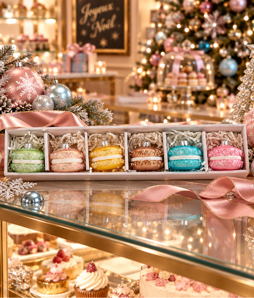 Christmas Cheer All Year French bakery ornaments glass pink blue chocolate lemon peach pistachio blueberry strawberry macaron gift box ornaments by kurt adler