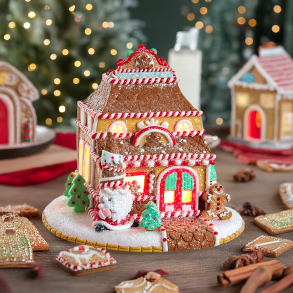 Christmas Cheer All Year Kurt Adler lighted gnome santa gingerbread shop with candy details