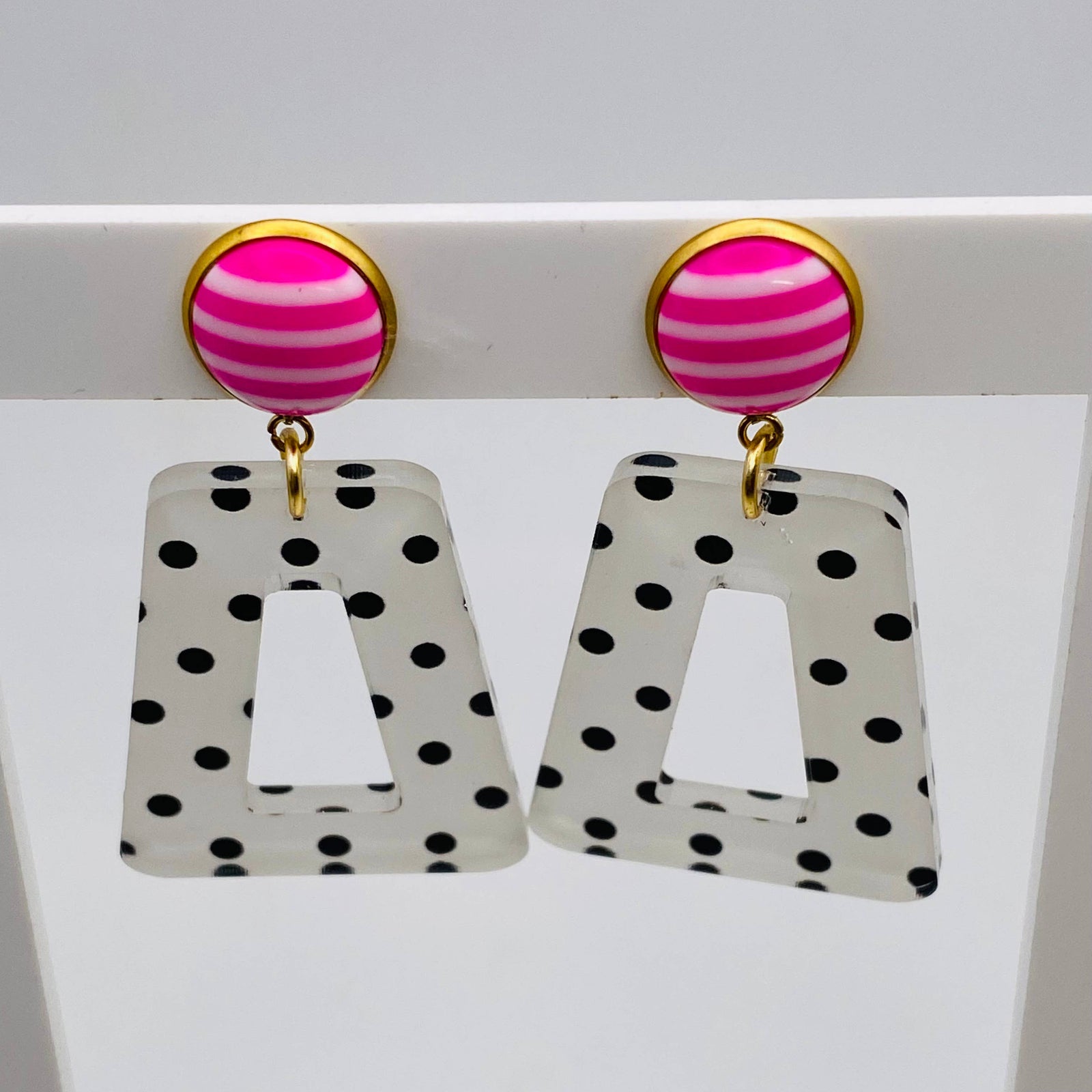 Polka Dot With Pink and White Stripe Button Earrings