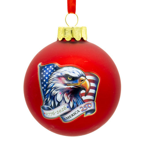 Christmas Cheer All Year 80MM Glass America 250th Red Ball With Eagle Head & Flag Ornament Kurt Adler