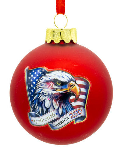 Christmas Cheer All Year 80MM Glass America 250th Red Ball With Eagle Head & Flag Ornament Kurt Adler
