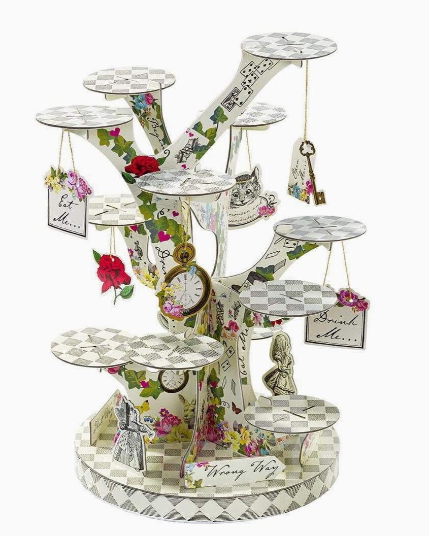 Christmas Cheer All Year Alice in Wonderland Tree Shaped Cupcake Stand with characters movie signs drink me eat me wrong way white rabbit Cheshire Cat pocket watch