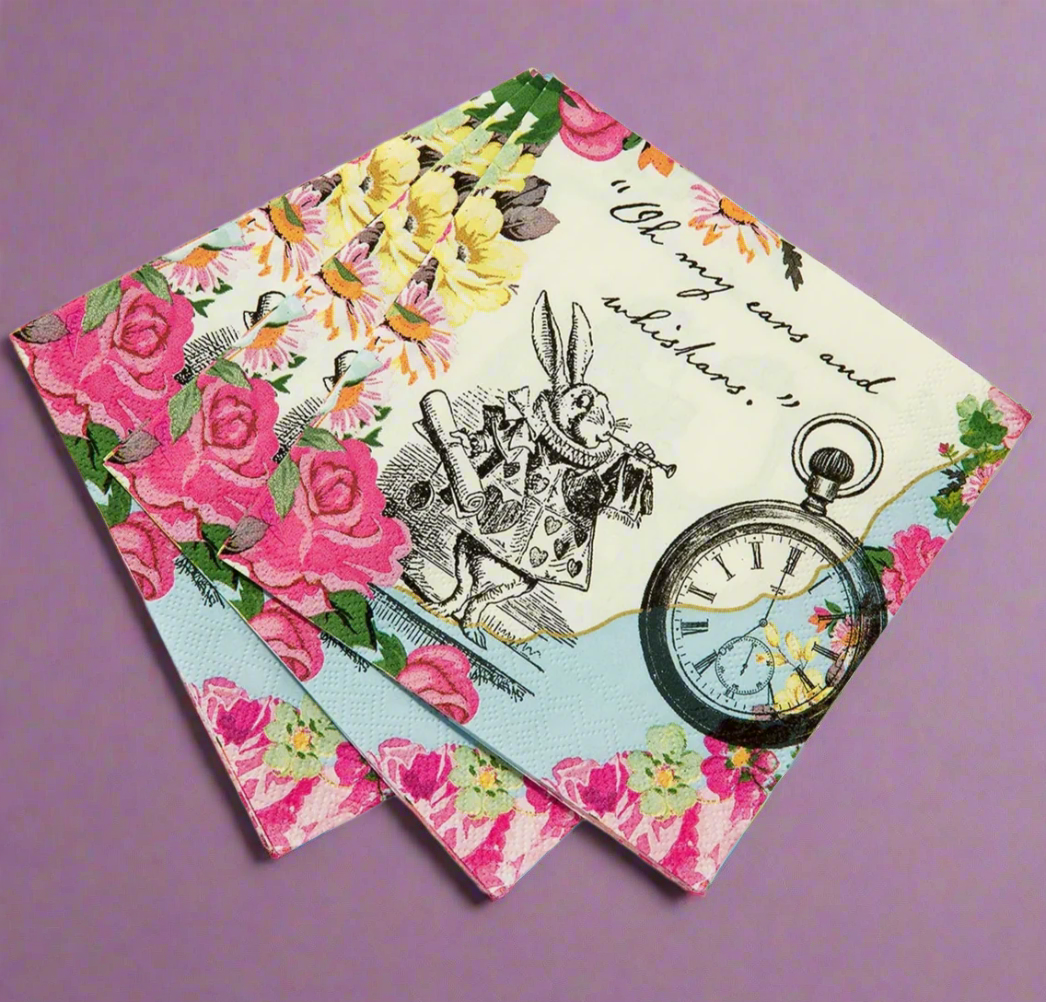 The Canton Christmas Shop Alice in Wonderland Cocktail Napkins for Mad Hatter Tea Party Birthday Baby Shower Mother's Day Coffee Luncheon White Rabbit Pocketwatch