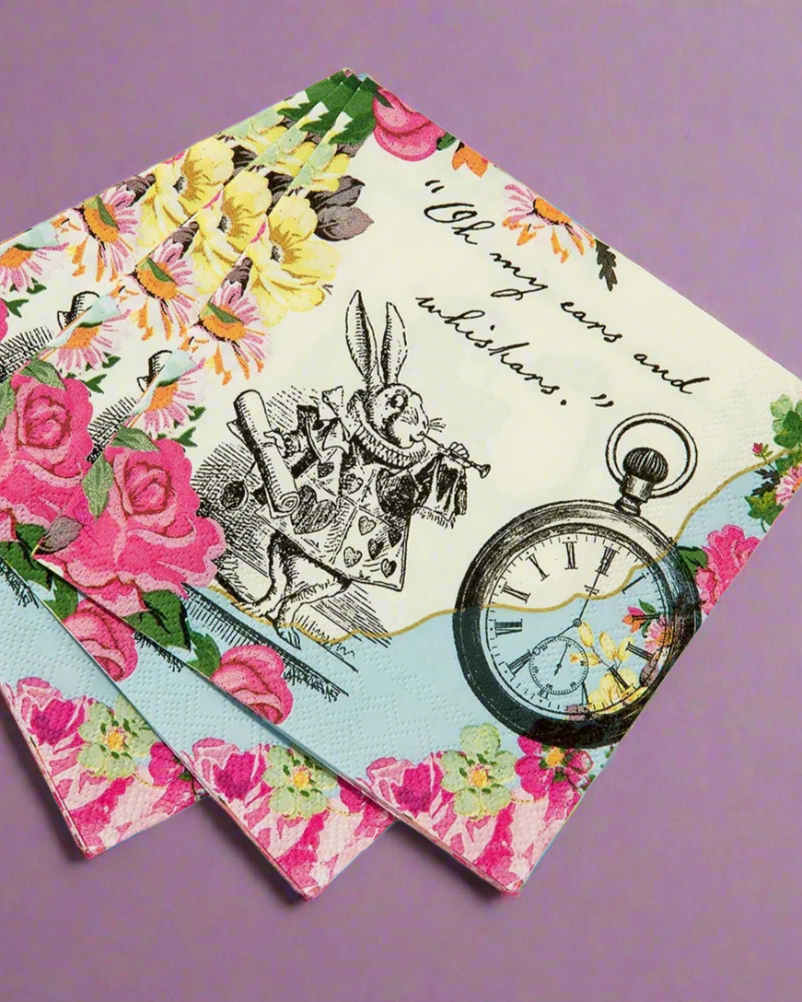 Christmas Cheer All Year Alice in Wonderland Cocktail Napkins for Mad Hatter Tea Party Birthday Baby Shower Mother's Day Coffee Luncheon White Rabbit Pocketwatch