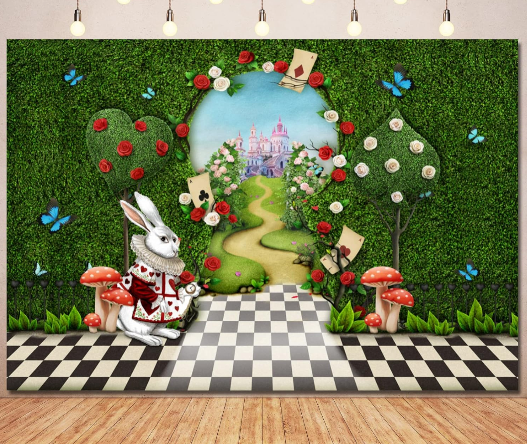 Christmas Cheer all year alice in wonderland through the looking glass photography backdrop white rabbit checkered floor
