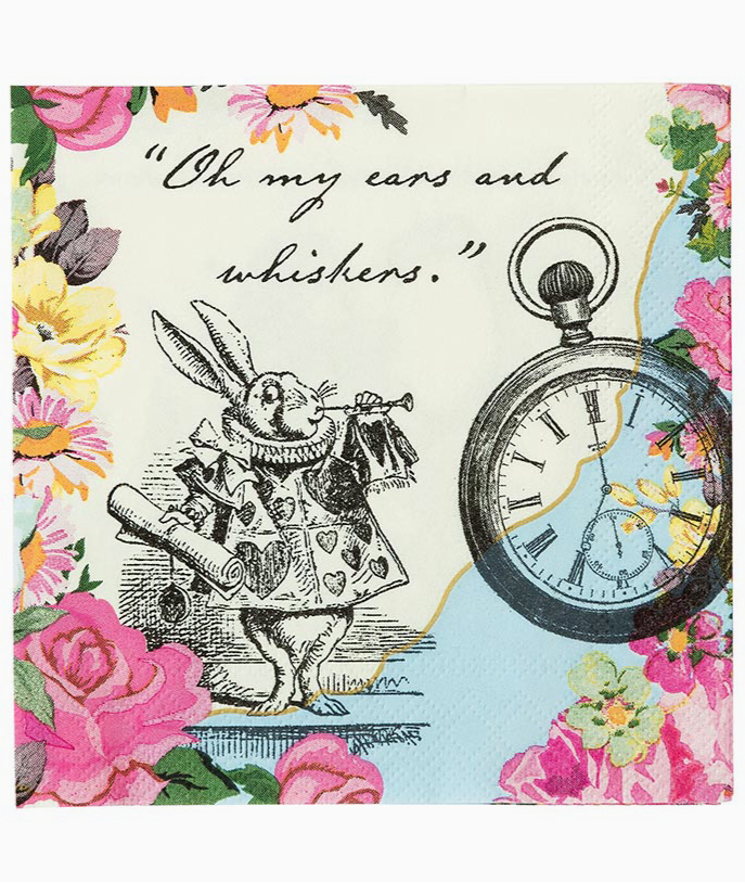 Christmas Cheer All Year Alice in Wonderland Cocktail Napkins for Mad Hatter Tea Party Birthday Baby Shower Mother's Day Coffee Luncheon White Rabbit Pocketwatch