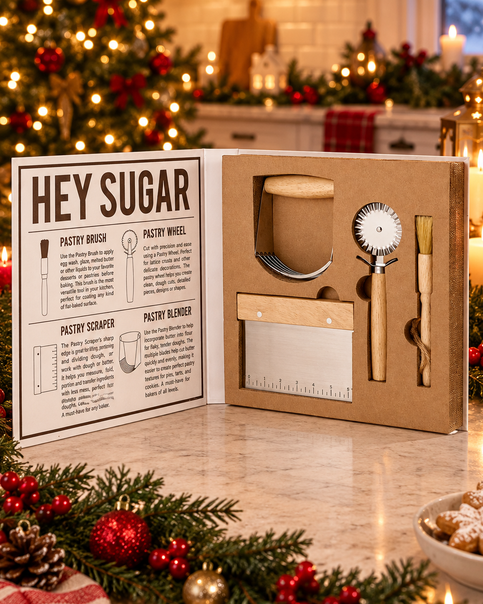 The Canton Christmas Shop All you need is love and baking pastry essentials book box interior pastry brush wheel scraper blender