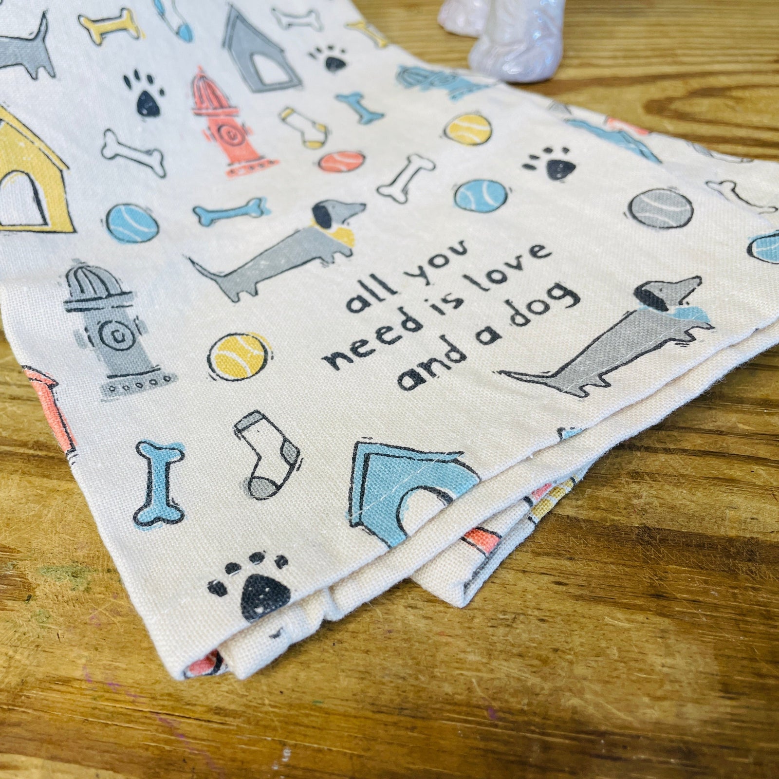 The Canton Christmas Shop All You Need Is Love and a Dog Kitchen Towel close up