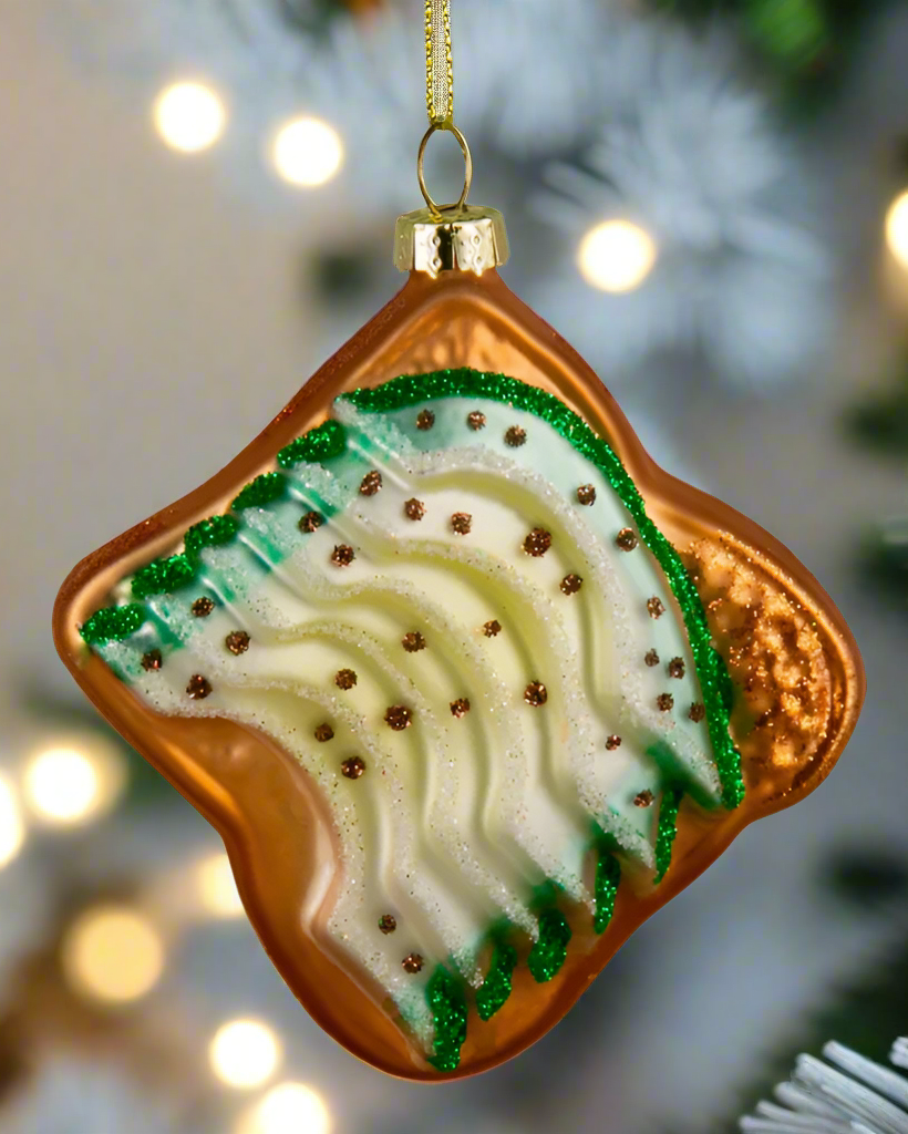 Christmas Cheer All Year Avocado Toast Glass Ornament Glittered in Gift Box Foodie Treat