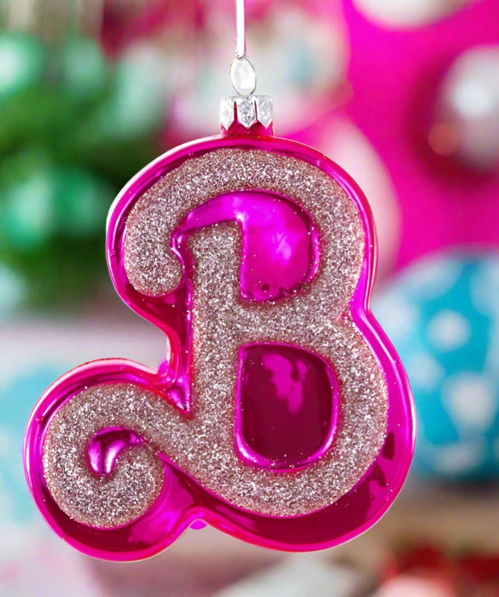 Christmas Cheer All Year Pink Glittered B Barbie Ornament by Cody Foster & Co.