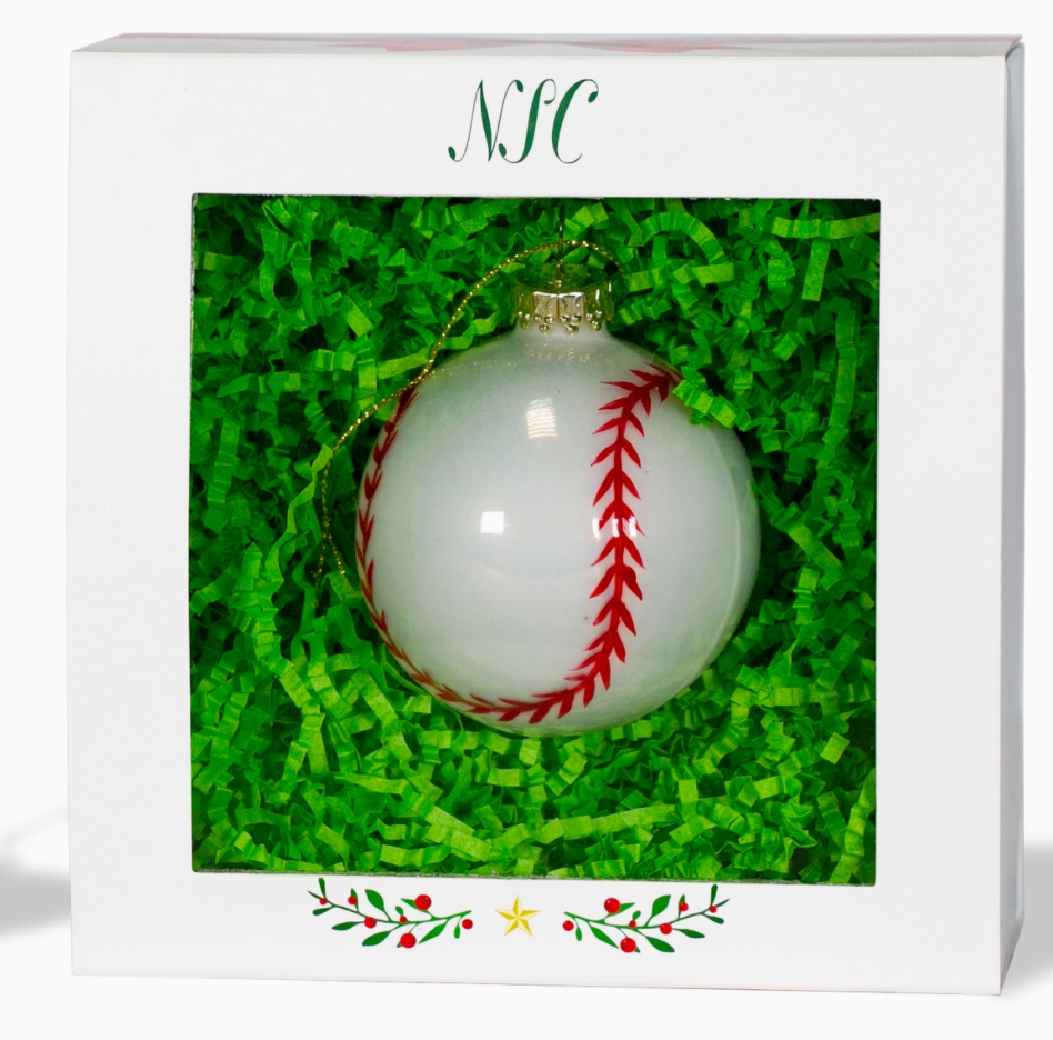 The Canton Christmas Shop Baseball Glass Ornament in gift box