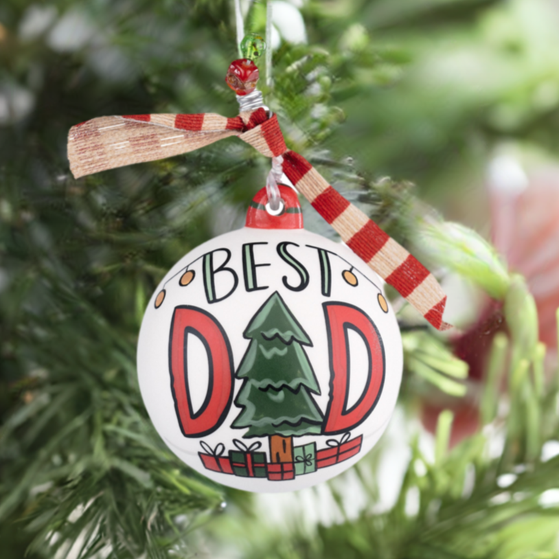 The Canton Christmas Shop Best Dad Handpainted Ceramic Christmas Ornament by Glory Haus with Ribbon Tie and Beads