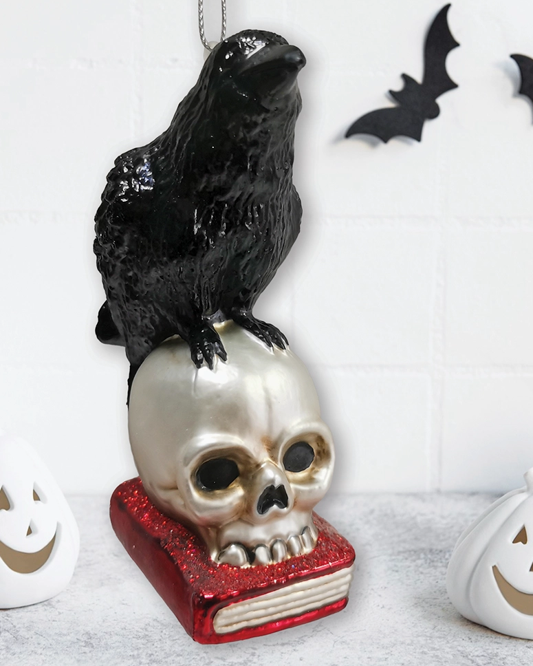 Christmas Cheer All Year Black Raven Perched on Skull on Glittered Book Ornament