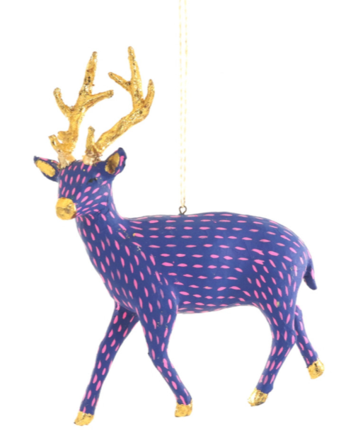 The Canton Christmas Shop Blue and Pink Paper Deer Ornament on a white background