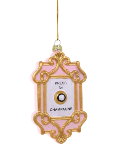 The Canton Christmas Shop Champagne Button Ornament Press in case of emergency Cody Foster Pink and Gold Ornament