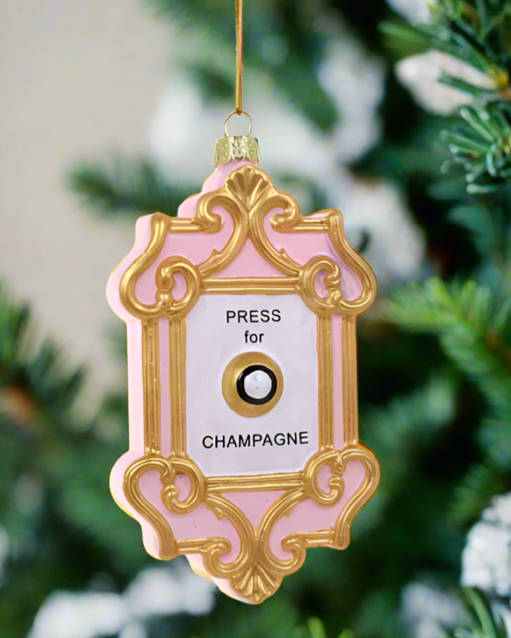 The Canton Christmas Shop Champagne Button Ornament Press in case of emergency Cody Foster Pink and Gold Ornament