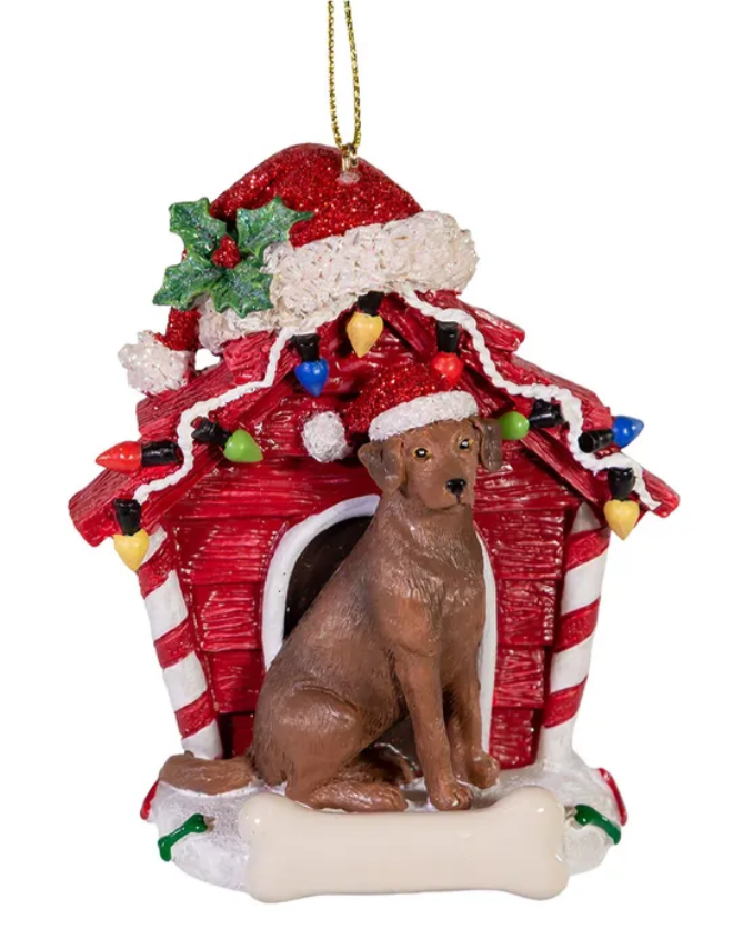 The Canton Christmas Shop Chocolate Labrador Retriever With Dog House Ornament For Personalization by Kurt Adler