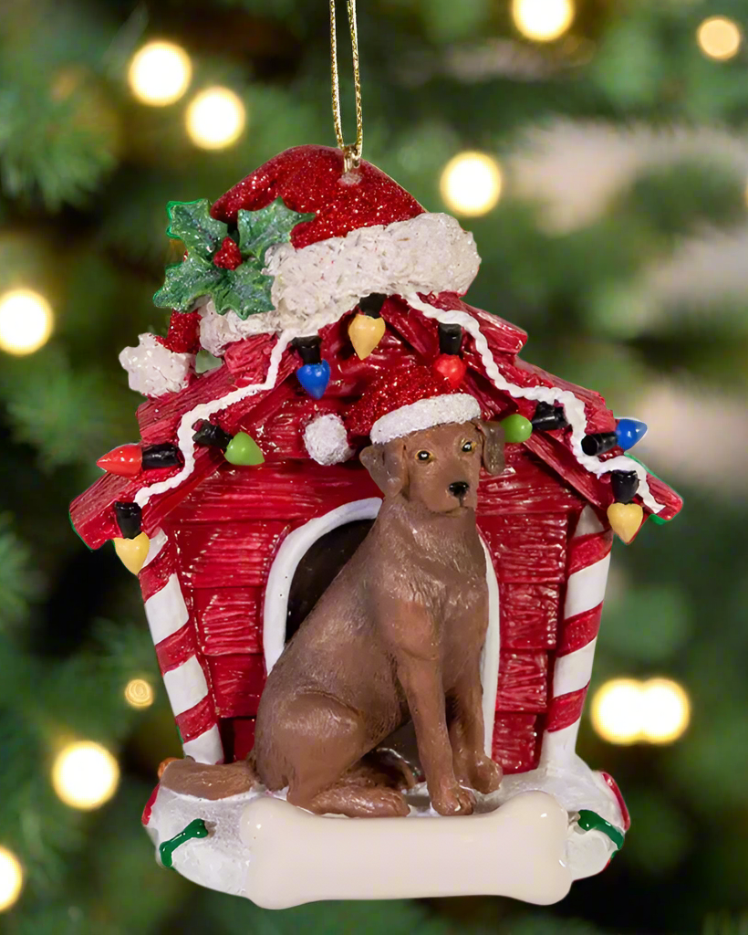 The Canton Christmas Shop Chocolate Labrador Retriever With Dog House Ornament For Personalization by Kurt Adler
