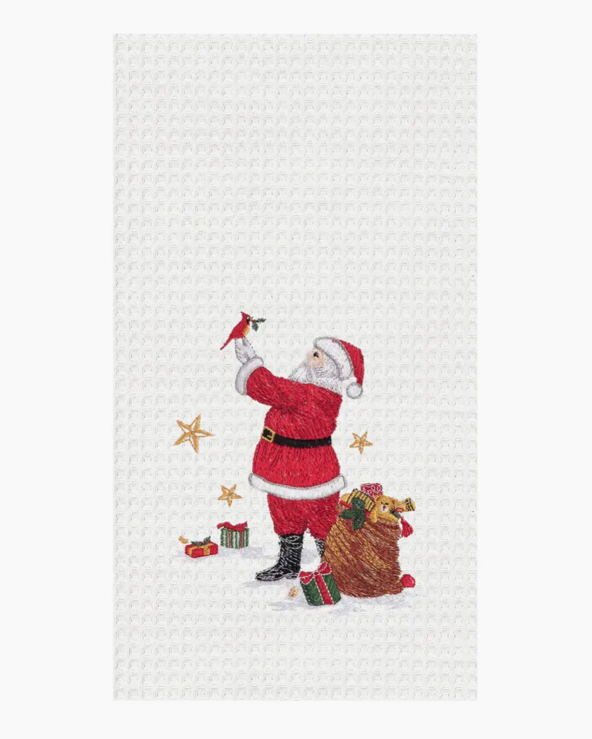 Christmas Cheer All Year christmas cotton towel with santa and his bag of toys holding a cardinal