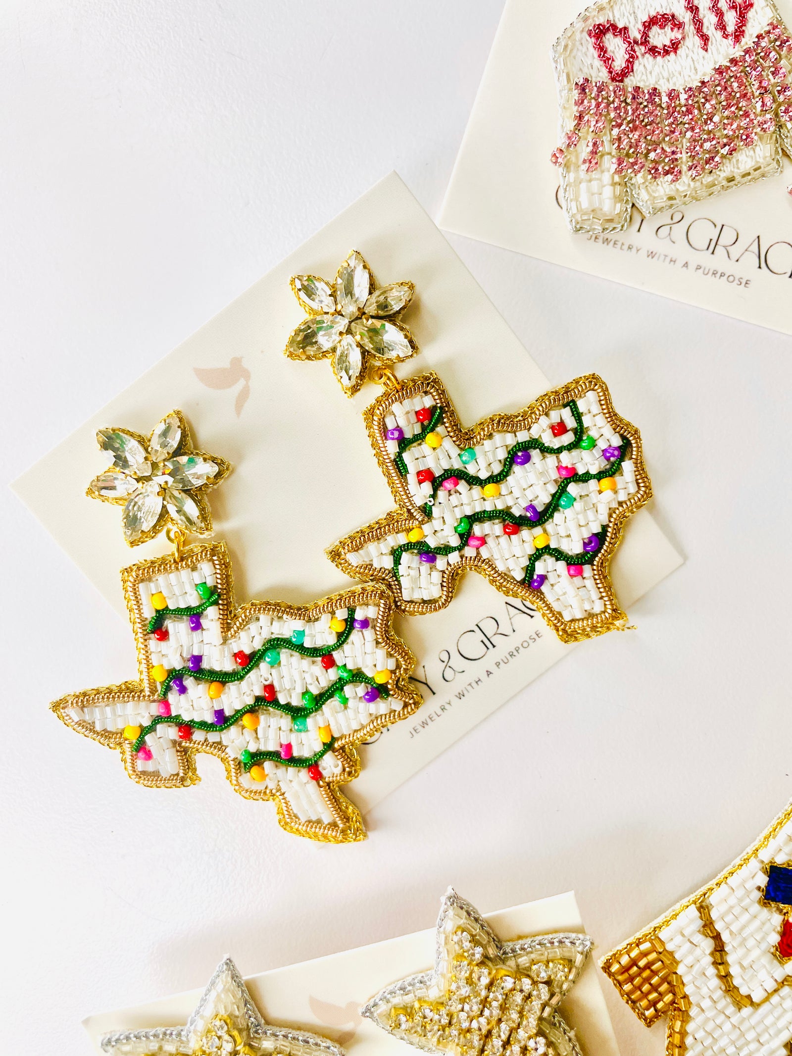 State of Texas Beaded Crystal Earrings with Christmas in Texas Holiday Lights 14k Gold Plated Hardware