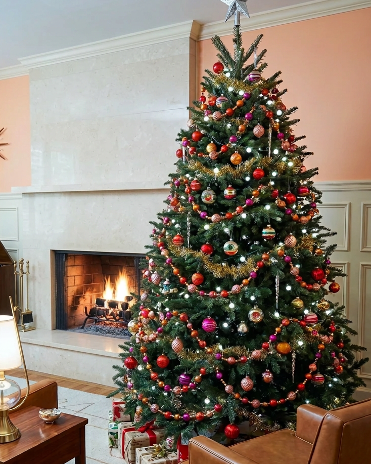 Christmas Cheer All Year cody foster and company heirloom ball garland in copper pink purple red and gold with tinsel accents on retro midcentury style christmas tree