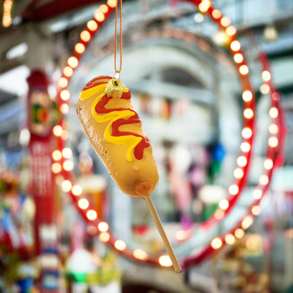 The Canton Christmas Shop Cody Foster Corn Dog on a Stick with Mustard and Ketchup Fairgrounds Texas State Fair
