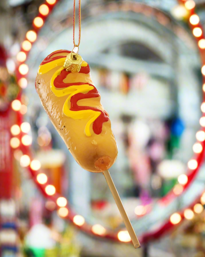 Christmas Cheer All Year Cody Foster Corn Dog on a Stick with Mustard and Ketchup Fairgrounds Texas State Fair