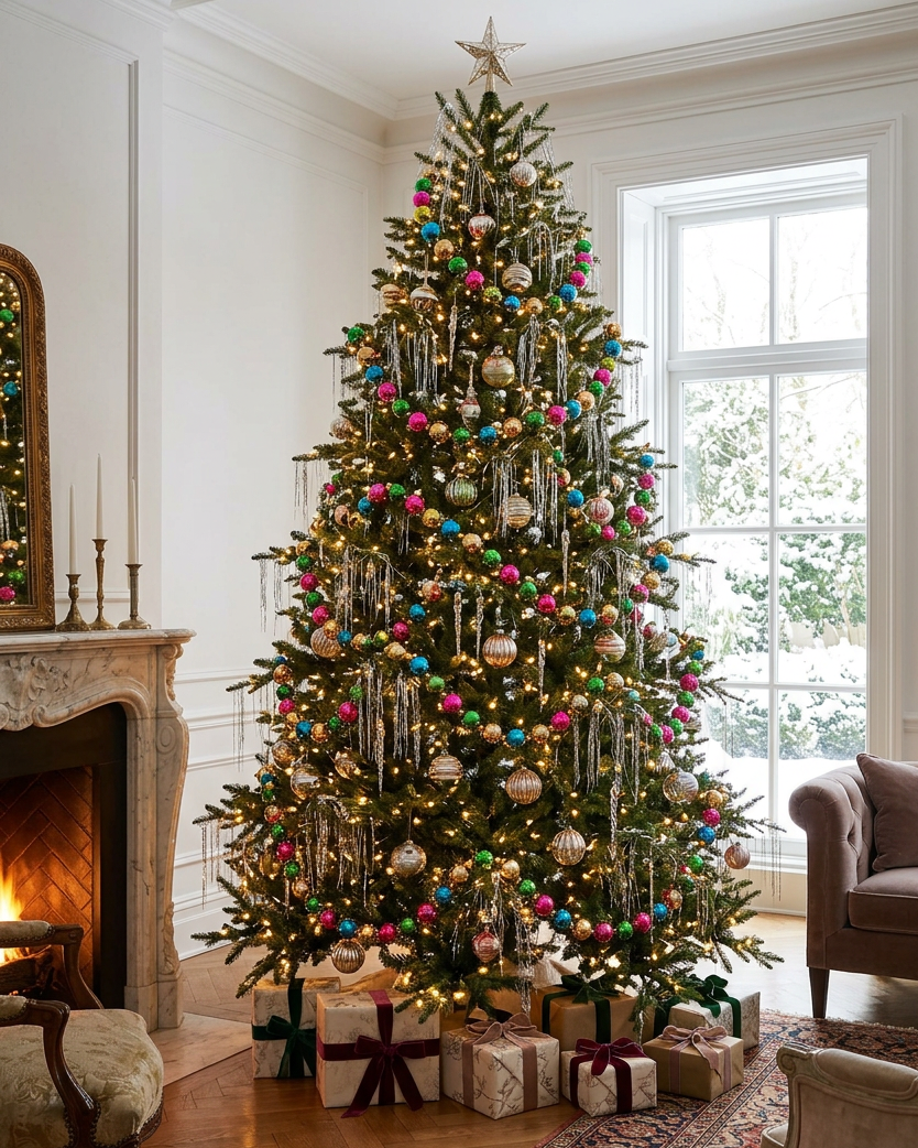 Christmas Cheer All Year cody foster & co oversized rainbow glass garland on christmas tree