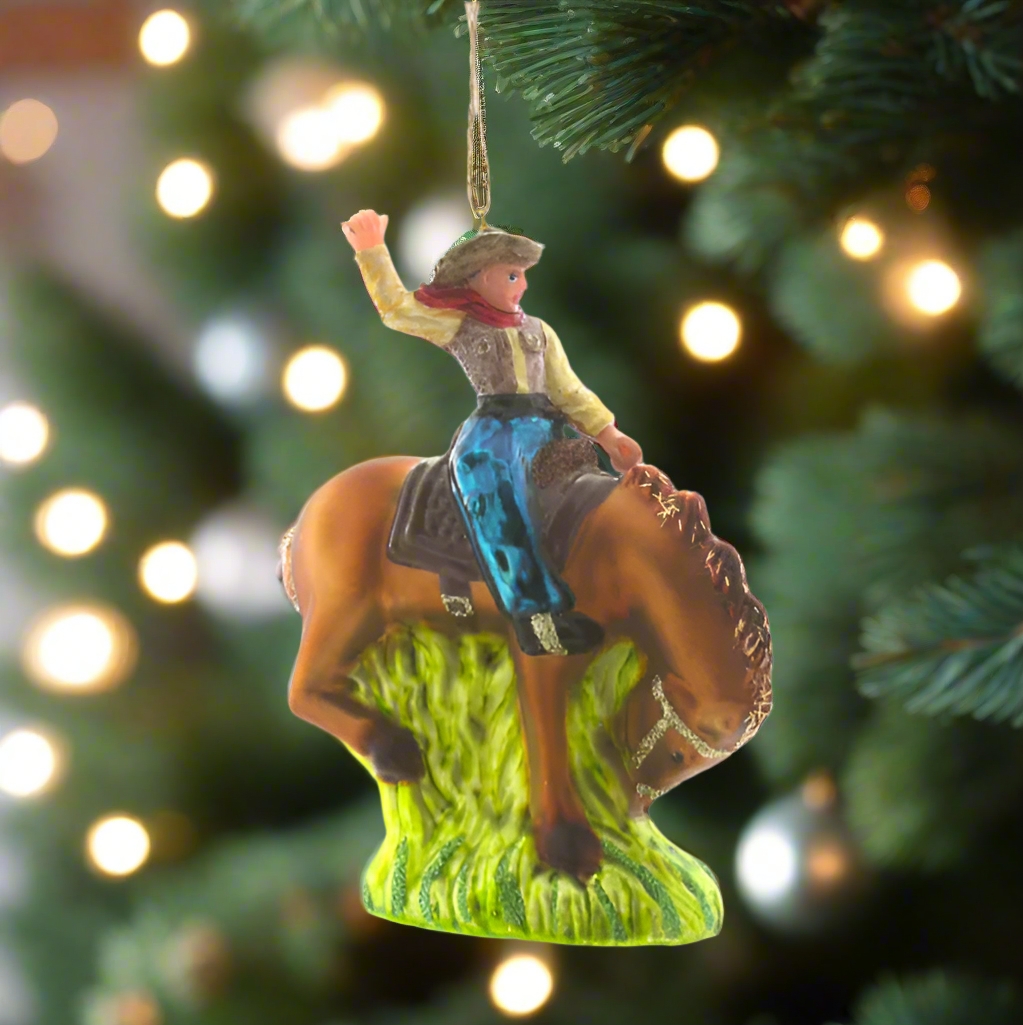 The Canton Christmas Shop Cody Foster Vintage Cowboy Glass Ornament for Texas or western themed Christmas tree