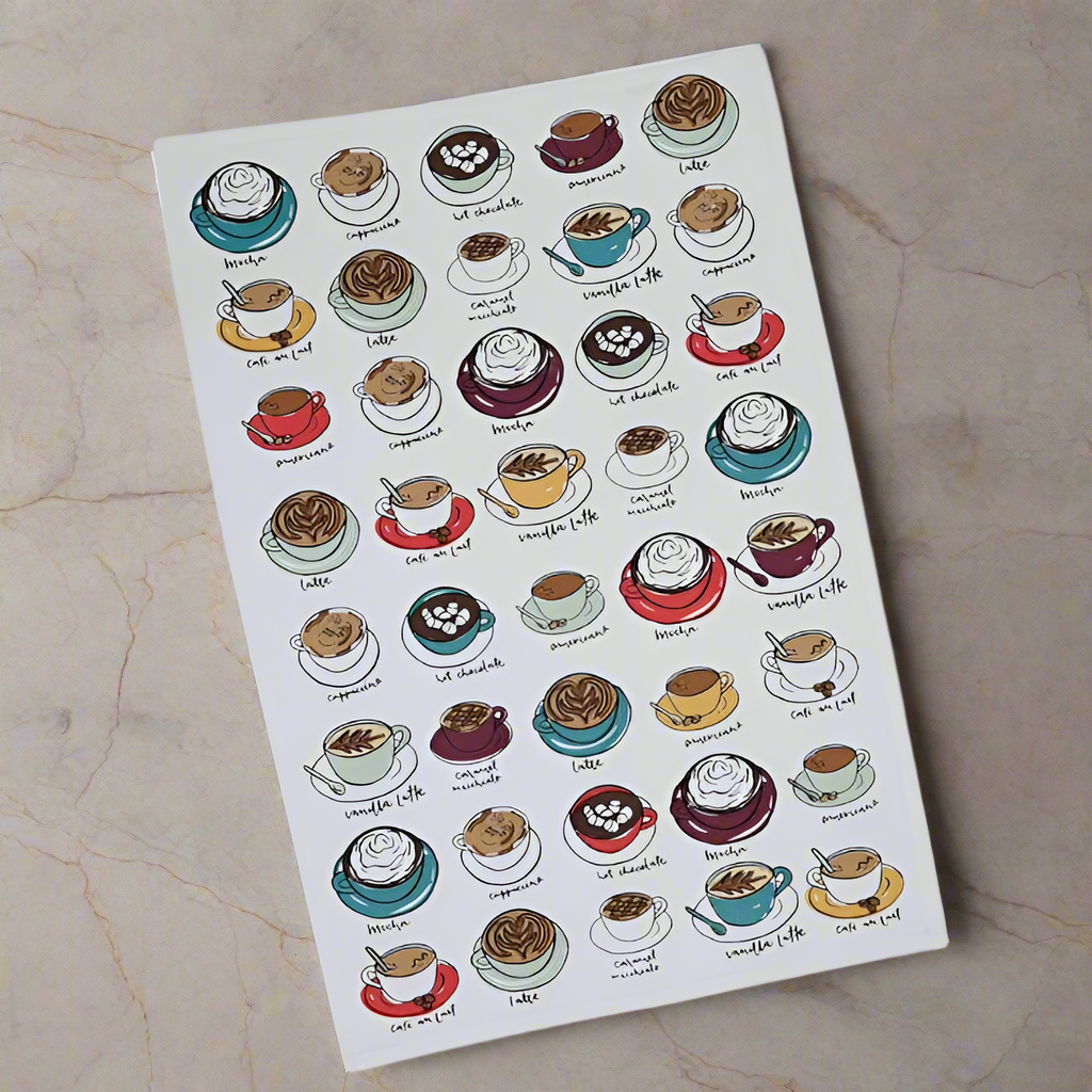 The Canton Christmas Shop Coffee Lover Kitchen Towel with espresso drinks hot chocolate Carmel macchiato Americana flat view