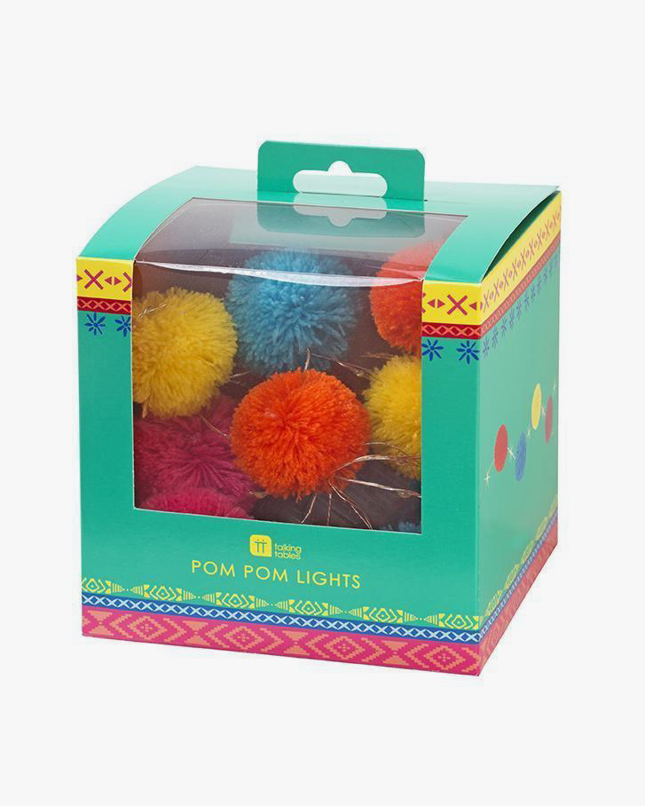 Christmas Cheer All Year Pom Pom fairy lights in box on white background