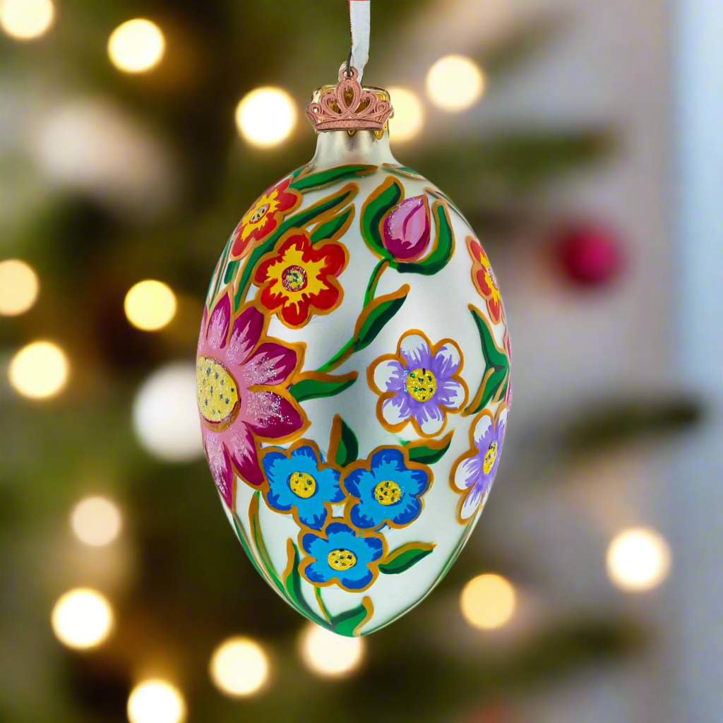 The Canton Christmas Shop Colorful Flowers Handpainted Glass Egg Ornament Old World Europe Style Easter He is Risen Ukraine