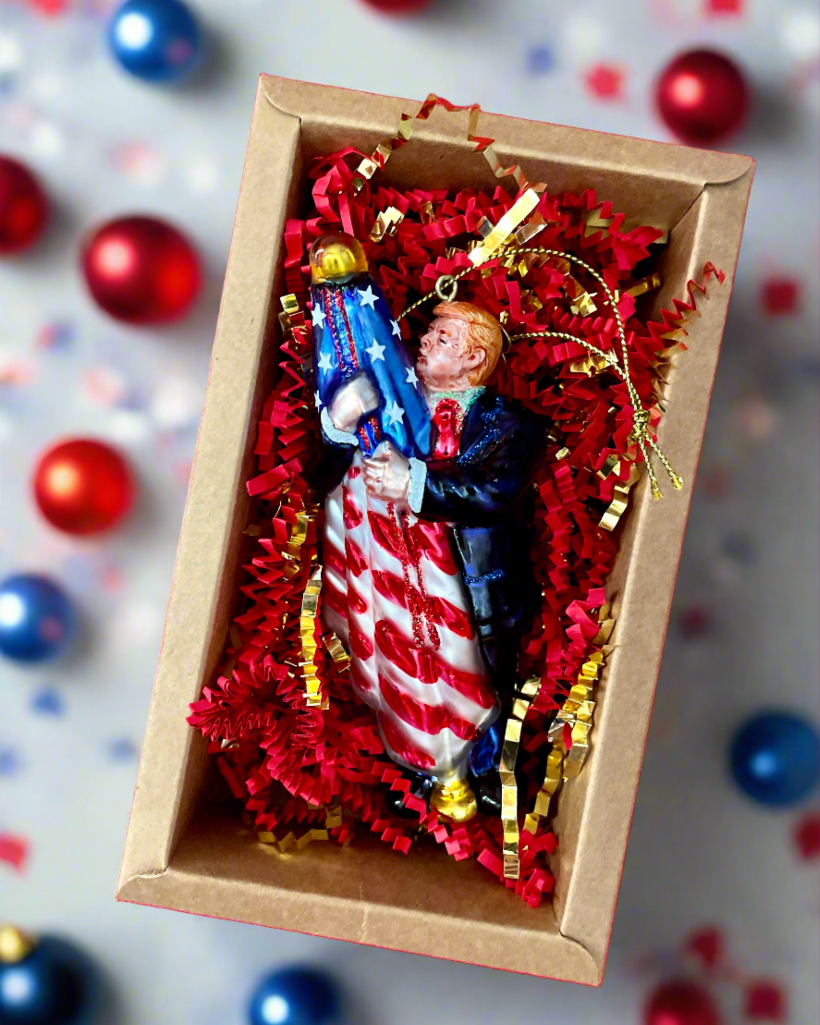 Christmas Cheer All Year Donald Trump Kissing the Flag Ornament in box 250th USA