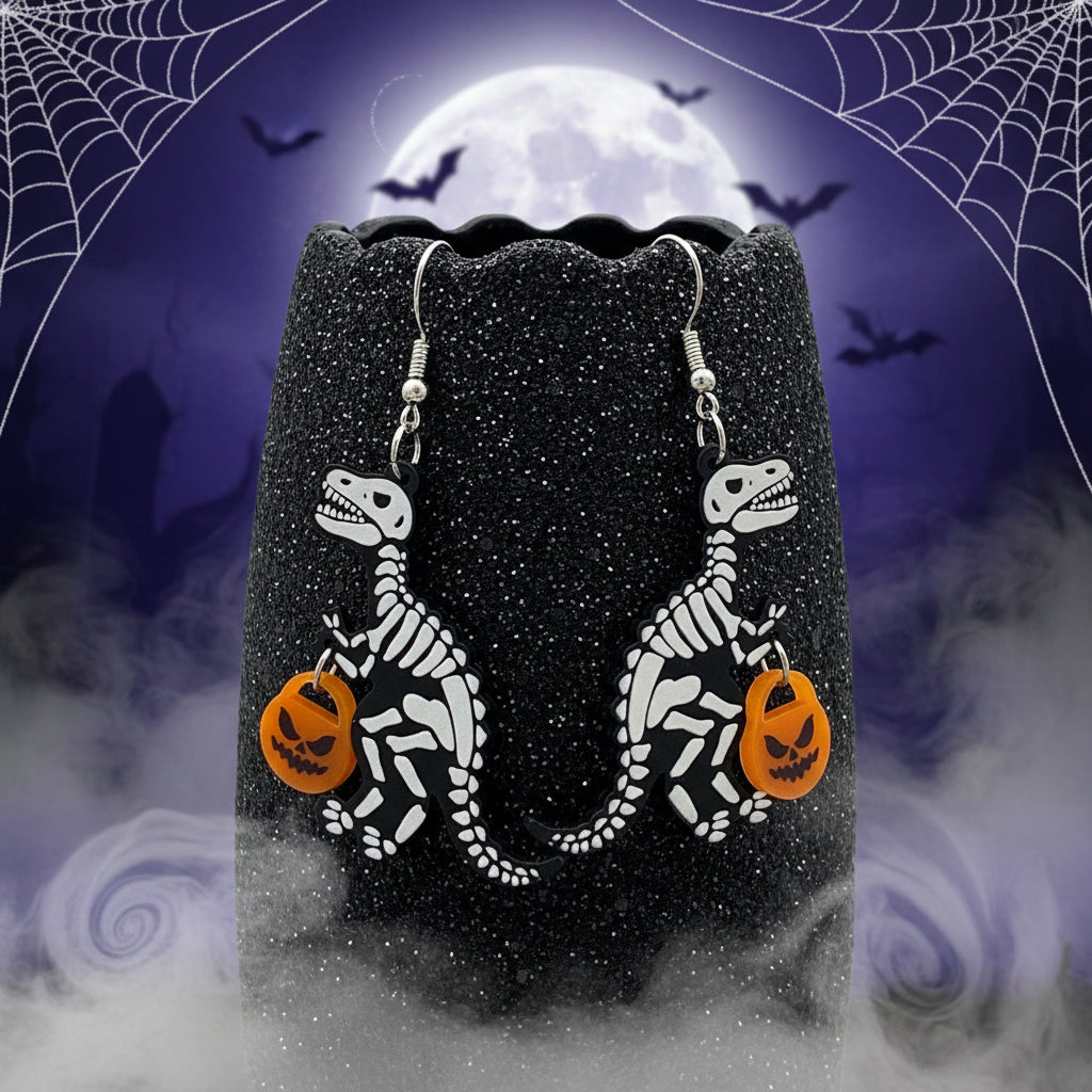Christmas Cheer All Year Skeleton Dinosaur with Trick Or Treat Bucket Earrings