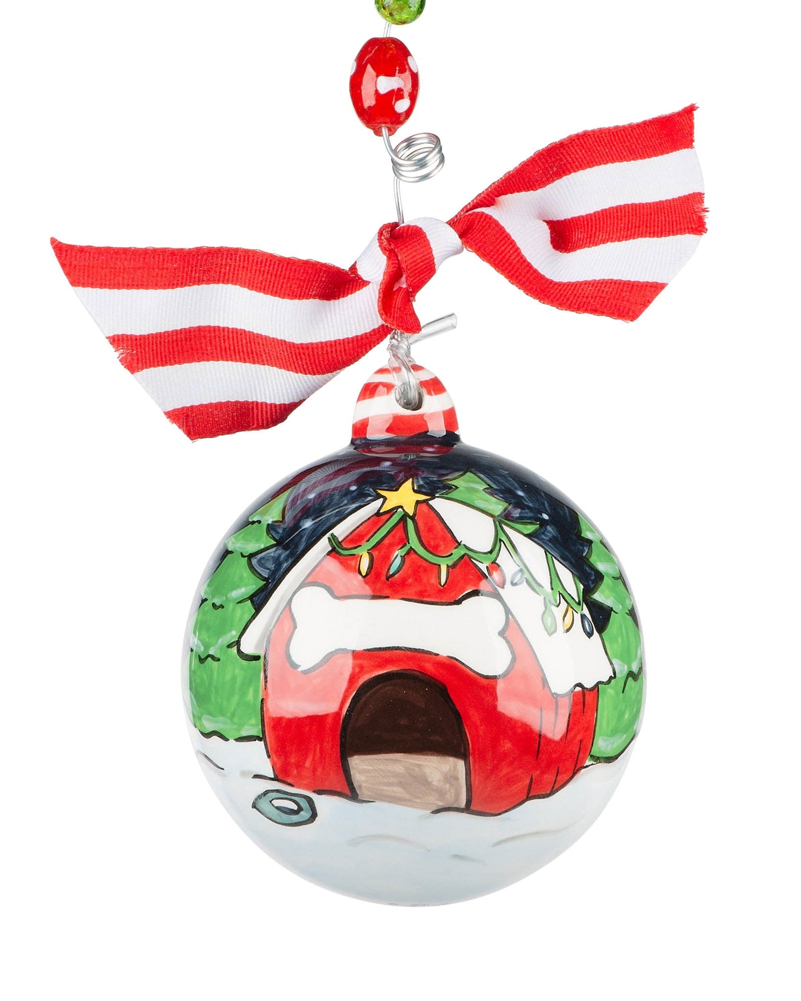 The Canton Christmas Shop Christmas Dog House Ornament by Glory Haus Red Dog House with Christmas Lights Bone Sign Food Bowl Starry Night with Evergreen Trees on white background