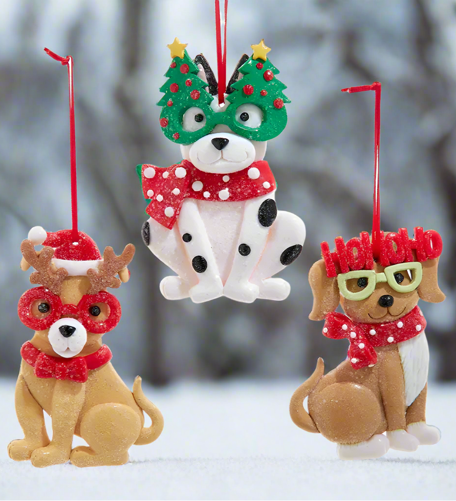 The Canton Christmas Shop Dogs with Glasses Claydough Ornament set by Kurt Adler
