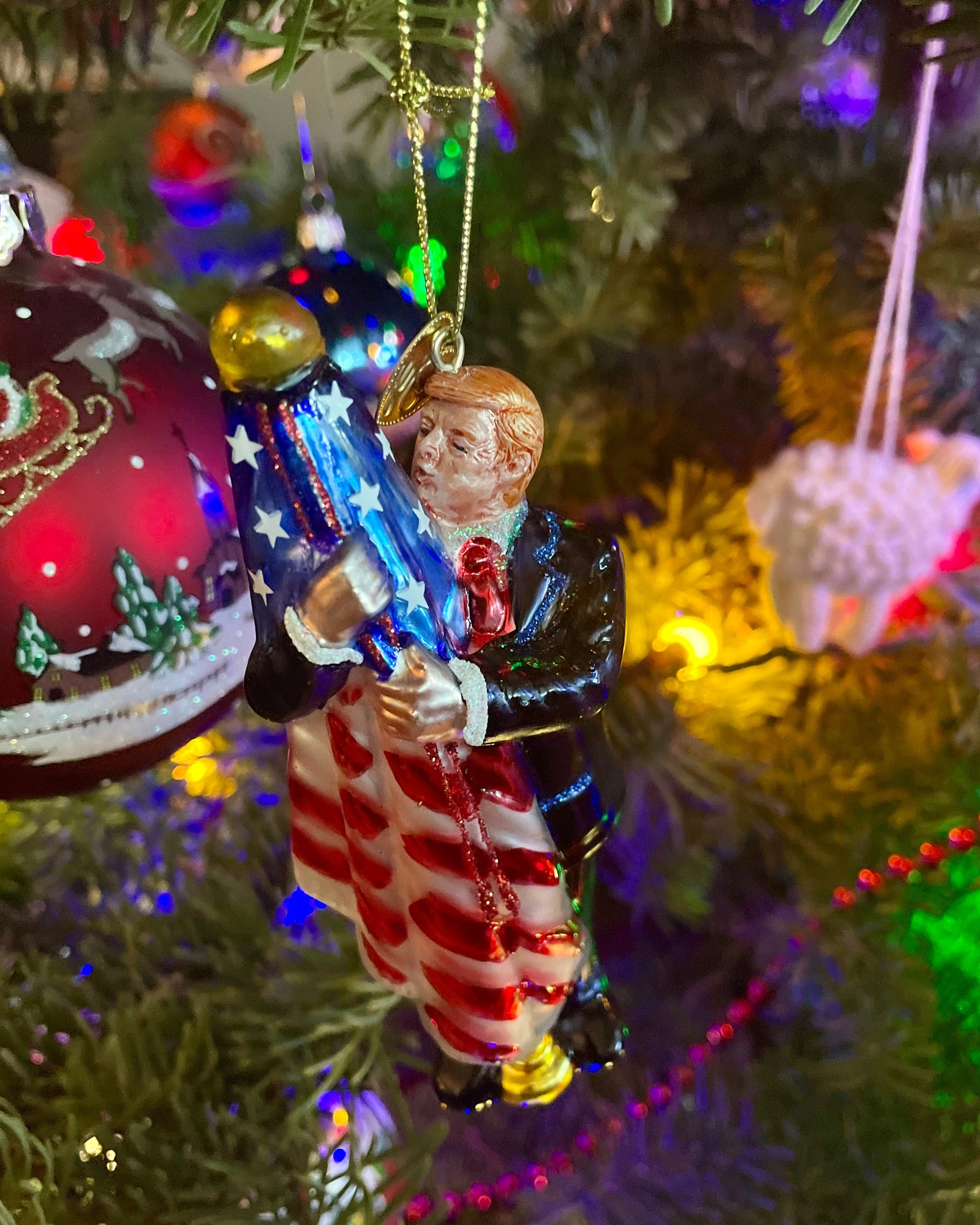 Christmas Cheer All Year Donald J Trump Kissing the Flag 250th America anniversary Ornament